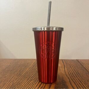 STARBUCKS Duo Rare Red 16 oz Tumbler MUG CUP WITH STAINLESS STEEL STRAW 2014